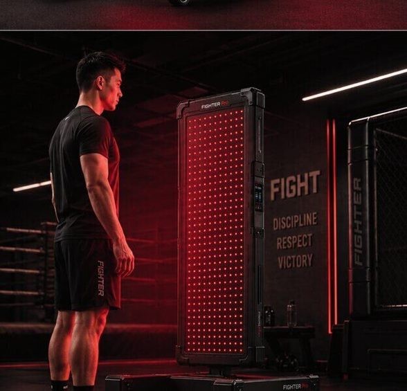 ZenGlow FIGHTER Pro – Combat Gym Recovery Panel (Coming Soon) 2 Athlete standing in front of the ZenGlow FIGHTER Pro recovery panel