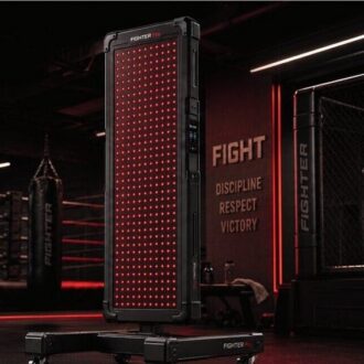 ZenGlow FIGHTER Pro red and blue light recovery panel on a braked mobile base in a combat gym