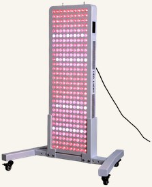 ZenGlow vertical floor stand on wheels holding a PRO W7 red light therapy panel