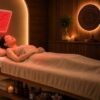 ZenGlow SPL-150 red light lamp on an articulated arm over a massage table