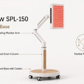 ZenGlow SPL-150 structure: articulated arm, wood-grain column and round base with casters